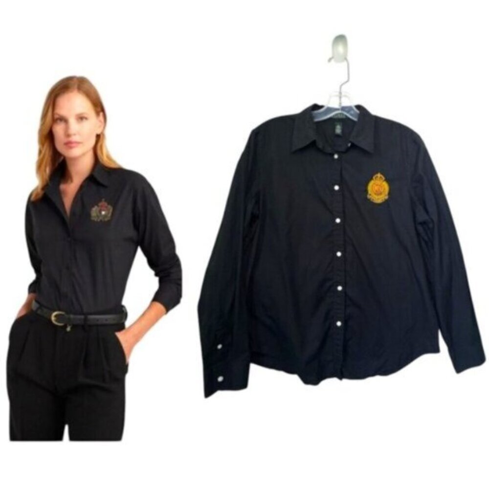 Ralph Lauren Crest Embroidered Cotton Button Preppy Shirt Blouse Lightweight L